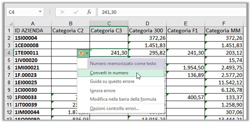 Numeri formattati come testo © Excel Espresso